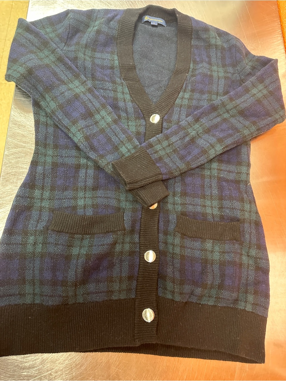 Brooks Brothers Women Merino Wool Black Watch Plaid Cardigan Sweater Small EUC